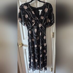 Liz Claiborne Black Floral Print Midi Dress, Size 10